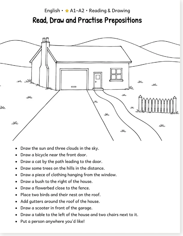 Worksheet preview: English Prepositions Worksheet: Read and Draw (A1-A2 & A2-B1): image 1