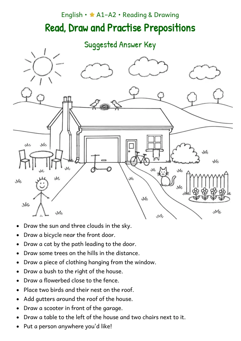 Answer key: the twelve scenes drawn correctly for A1-A2