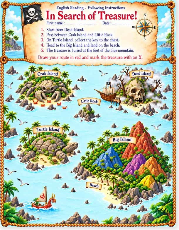 Treasure hunt English reading worksheet, color version preview