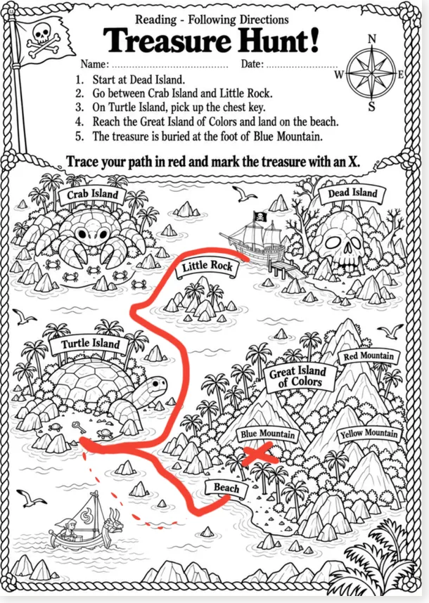 Answer key: the red route across the islands and the X at the foot of Blue Mountain