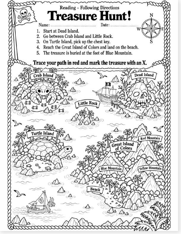 Treasure hunt English reading worksheet, black and white version preview