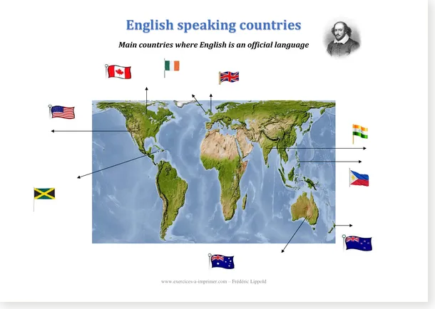 English-speaking countries worksheet v1 2020: world map with flags and arrows