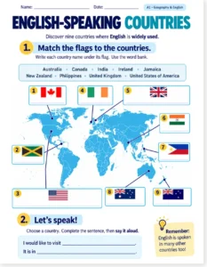 Read more about the article English-Speaking Countries Worksheet – Flags and Map (Free Printable)