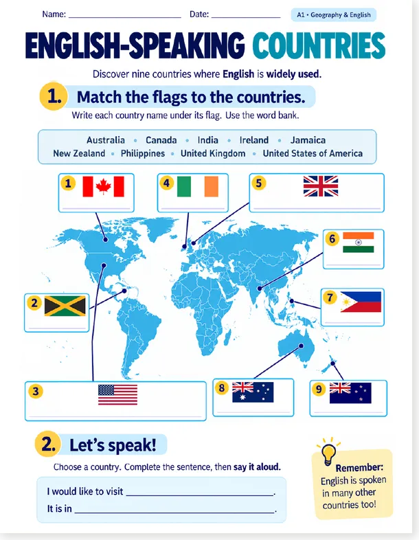 Worksheet preview: English-Speaking Countries Worksheet - Flags and Map (Free Printable)