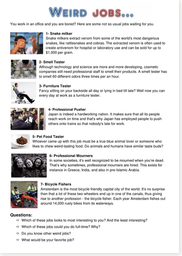 Original free Weird Jobs worksheet with seven occupations