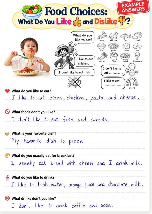 Example answers: six handwritten sentences about food and drinks