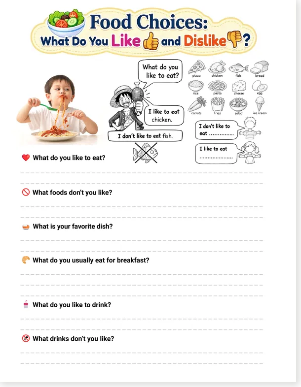 Worksheet preview: Food Choices Worksheet – Like and Dislike (A1-A2, Free PDF)