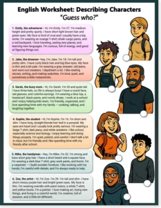 Read more about the article Free English Worksheet – Guess Who? Understand a character description