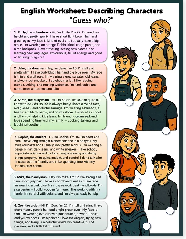 Read more about the article Free English Worksheet – Guess Who? Understand a character description
