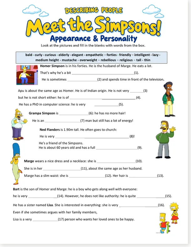 Worksheet preview: The Simpsons: Adjectives and Physical Description Worksheet (Free PDF)