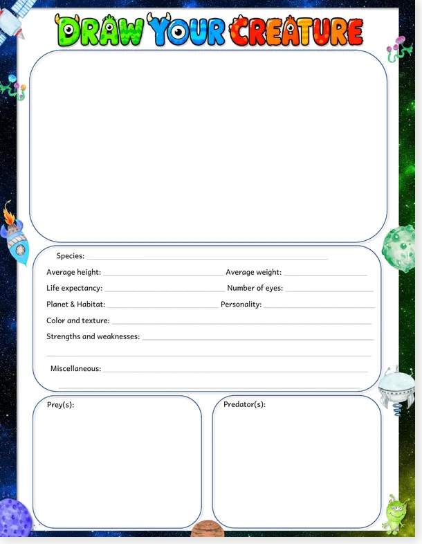 Worksheet preview: Draw Your Creature: Creative Writing Worksheet (Free PDF) 👾