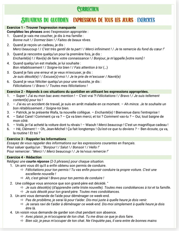 Teacher answer key with suggested French responses