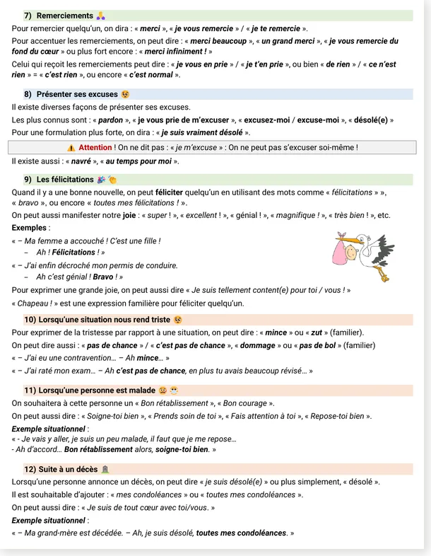French reference page about thanks, apologies, congratulations and sympathy