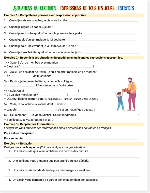 French exercises with sentence completion, dialogues, recall and short writing