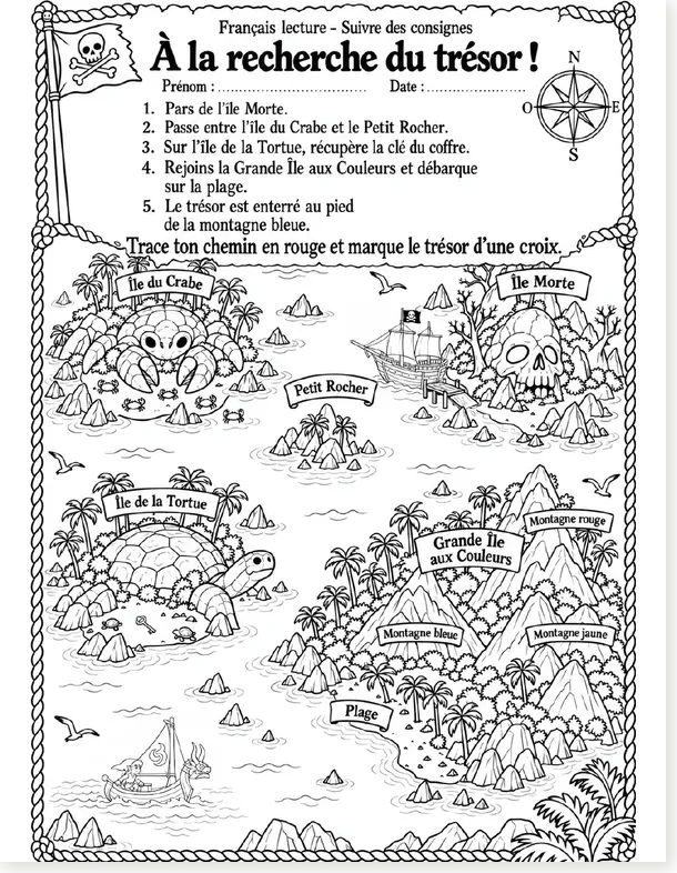 Treasure island French reading worksheet, black and white version preview