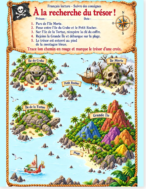 Treasure island French reading worksheet, color version preview