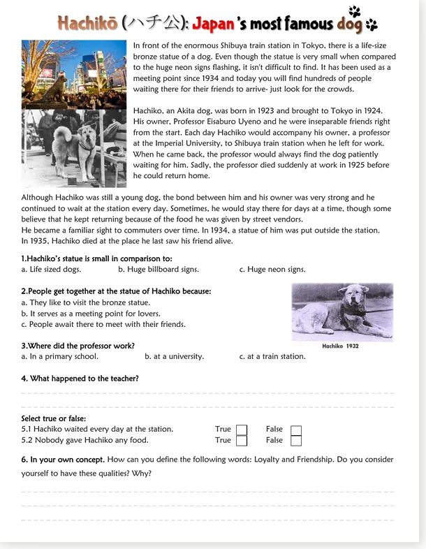 Worksheet preview: Hachiko Reading Comprehension Worksheet – Japan’s Dog (Free PDF)