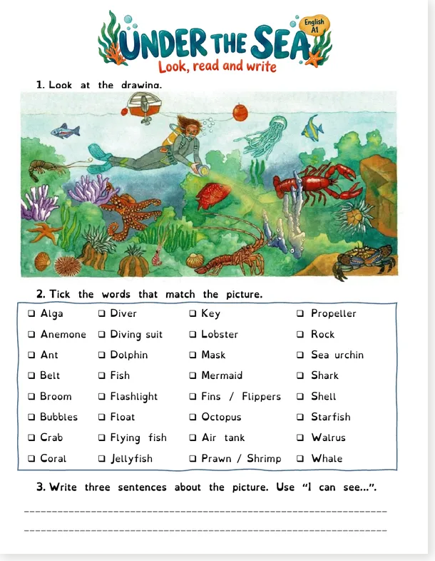 Worksheet preview: Under the Sea Worksheet: Ocean Vocabulary (A1)