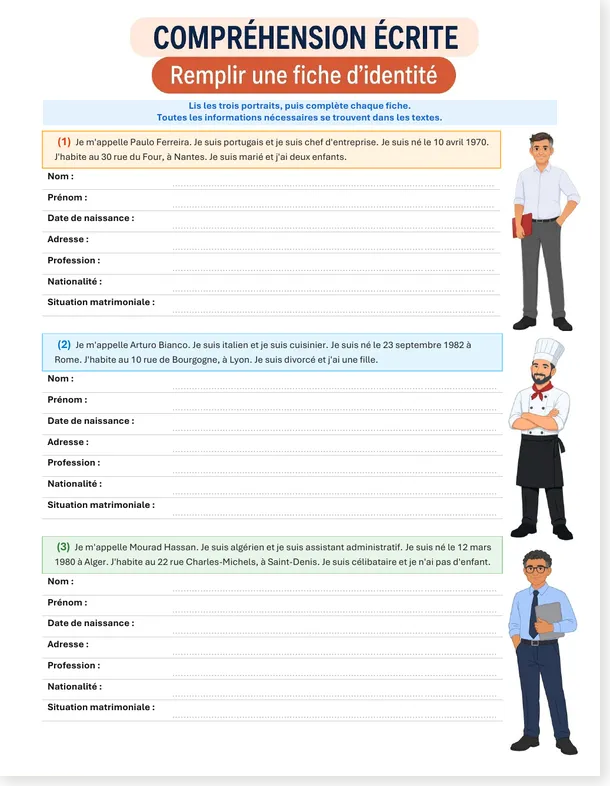 Worksheet preview: French Reading Worksheet: Filling Out an ID Form (A1-A2, Free PDF)