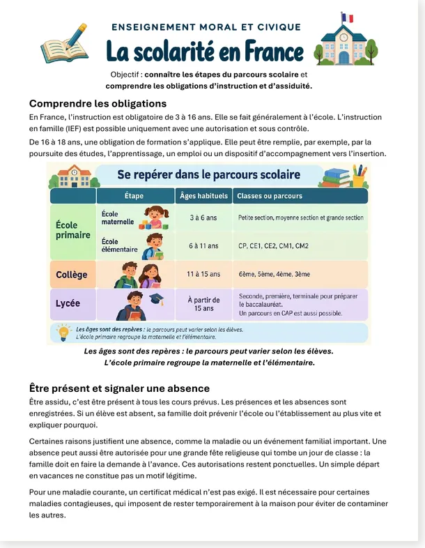 La scolarité en France reading page with an illustrated chart of the French school system