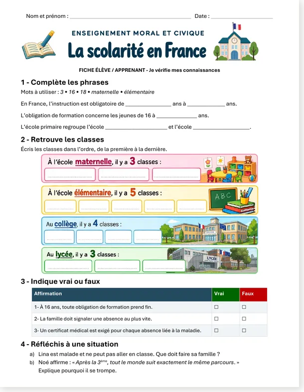 Schooling in France learner activity page with gap fills, class ordering, true or false and situations