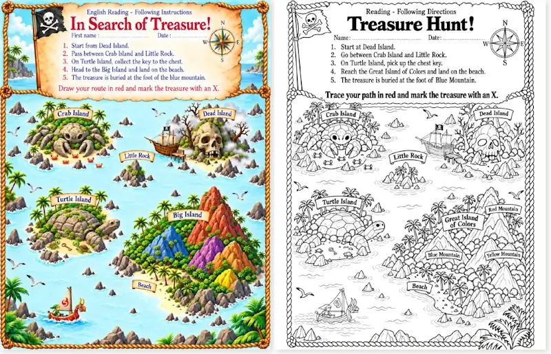 Worksheet preview: Treasure Hunt: An English Reading Worksheet to Follow the Directions (Free PDF) 🏴‍☠️