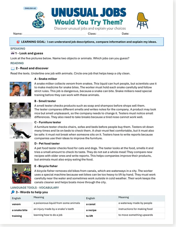 Read more about the article Unusual Jobs Worksheet: Reading, Speaking & Writing (A2, with free PDF)
