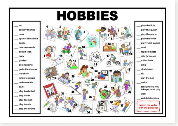 Original free Hobbies worksheet with 37 numbered pictures and two vocabulary lists