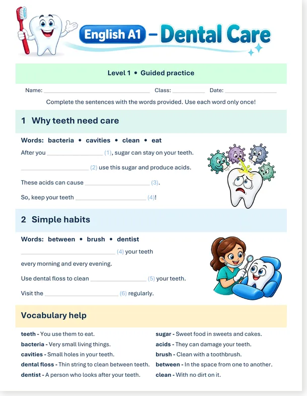 Worksheet preview: Dental Care: English A1 Worksheet