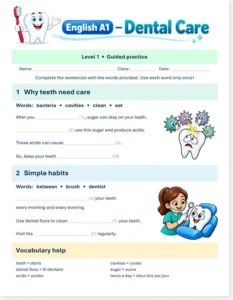 Read more about the article Dental Care English – 4 Worksheets – A1, A2 & Pictures (with Free PDF)