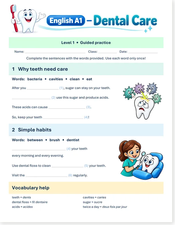 Worksheet preview: Dental Care English – 4 Worksheets – A1, A2 & Pictures (with Free PDF)
